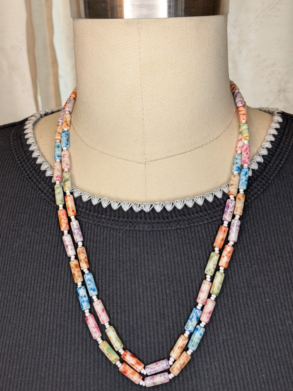 Vintage 42 Inch Long Multi Color Tube Bead Rope Necklace Retro Flapper